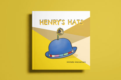 Open  Hardcover book on yellow background, Henry’s Hats by Australian Artist + Author Michelle Macnamara