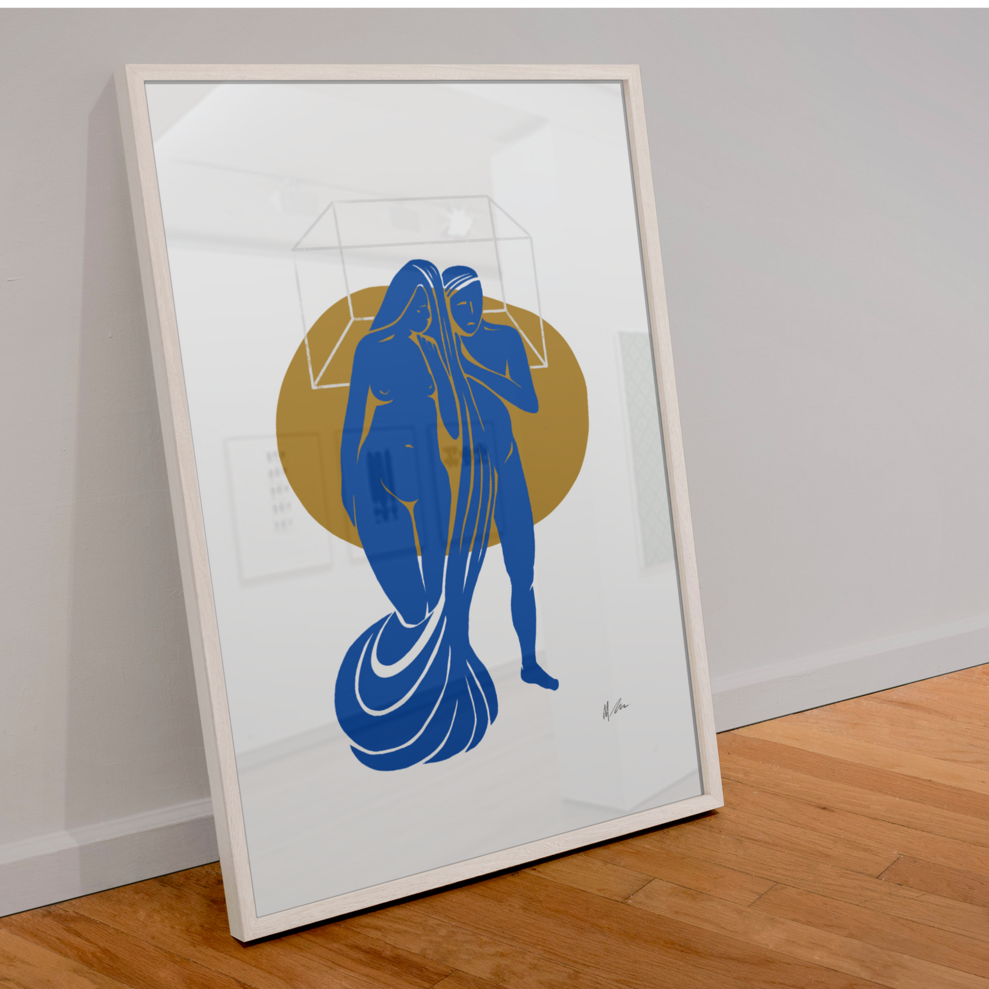 A powerful, feminine figurative artwork by Australian artist Michelle Macnamara. A Matisse blue nude with a male and female