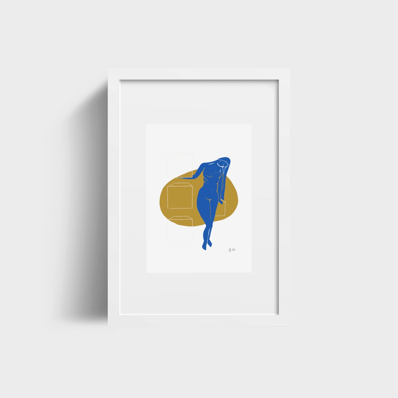 Blue Matisse nude style are work with golden water and white boxes
