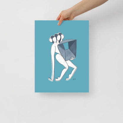 Figurative painting of a woman, holding a box in matisse blue by Michelle Macnamara