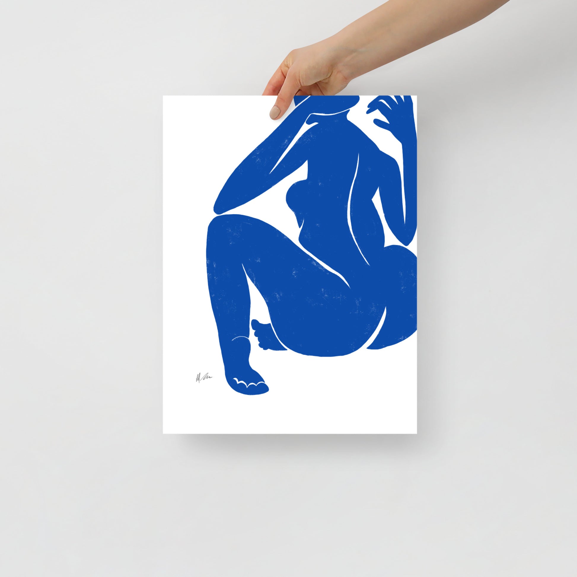 Figurative painting of a woman stretching, in matisse blue by Michelle Macnamara 12x16