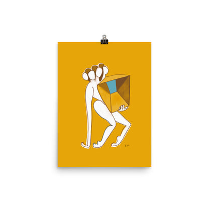 Figurative painting of a woman, holding a box in matisse yellow by Michelle Macnamara
