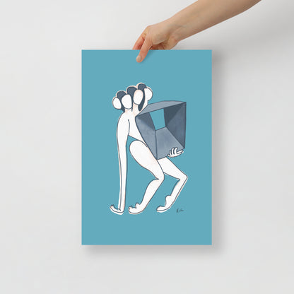 Figurative painting of a woman, holding a box in matisse blue by Michelle Macnamara