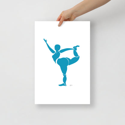 Figurative block print style painting of a woman in yoga pose, in matisse blue by Michelle Macnamara 12 x 18