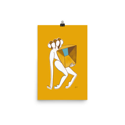 Figurative painting of a woman, holding a box in matisse yellow by Michelle Macnamara