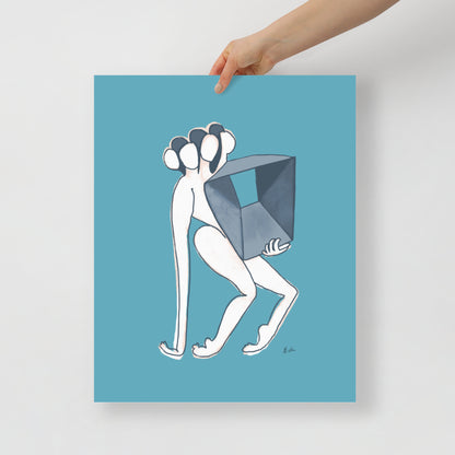 Figurative painting of a woman, holding a box in matisse blue by Michelle Macnamara