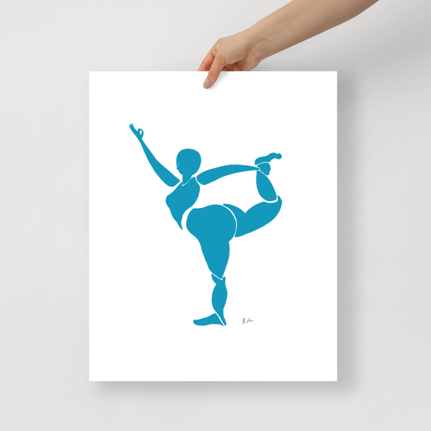 Figurative block print style painting of a woman in yoga pose, in matisse blue by Michelle Macnamara 16x 20