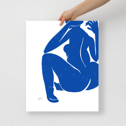 Figurative painting of a woman stretching, in matisse blue by Michelle Macnamara 16x20