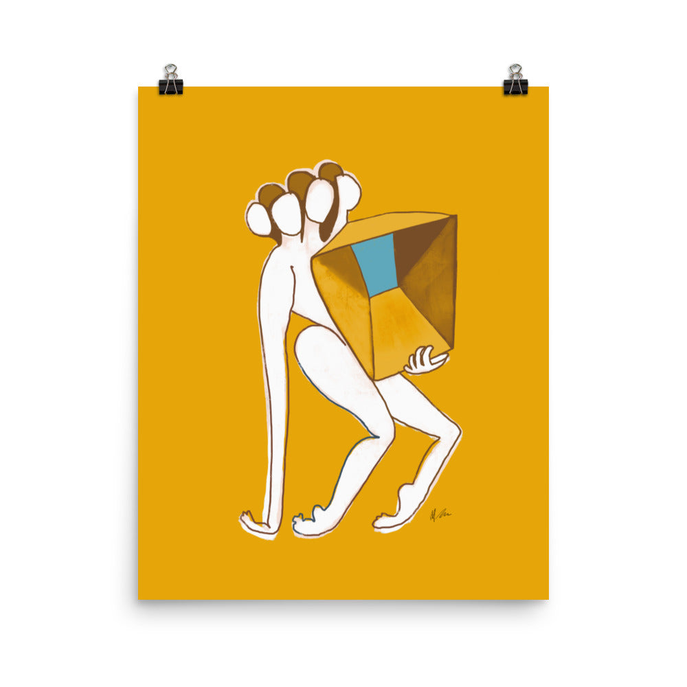 Figurative painting of a woman, holding a box in matisse yellow by Michelle Macnamara
