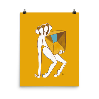 Figurative painting of a woman, holding a box in matisse yellow by Michelle Macnamara