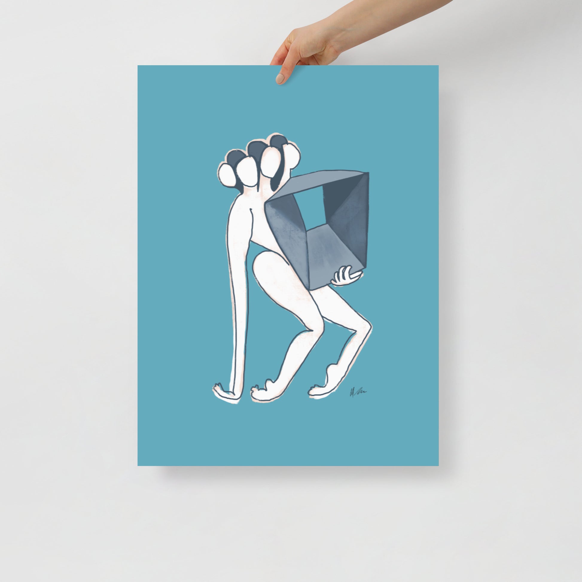 Figurative painting of a woman, holding a box in matisse blue by Michelle Macnamara