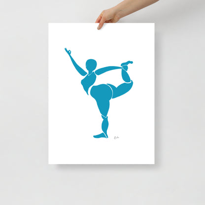 Figurative block print style painting of a woman in yoga pose, in matisse blue by Michelle Macnamara 18x24