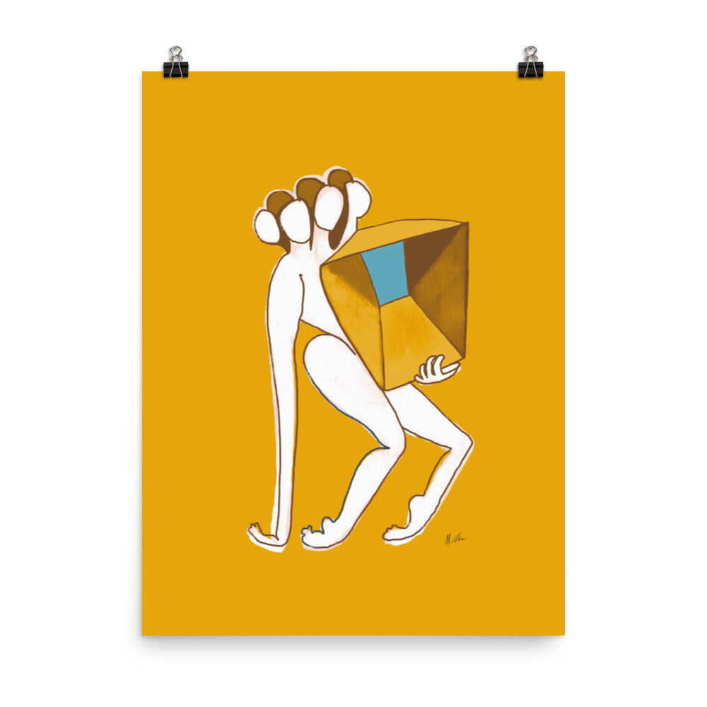 Figurative painting of a woman, holding a box in matisse yellow by Michelle Macnamara