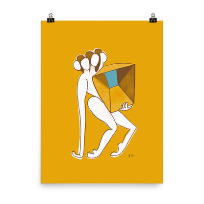 Figurative painting of a woman, holding a box in matisse yellow by Michelle Macnamara