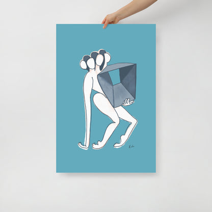 Figurative painting of a woman, holding a box in matisse blue by Michelle Macnamara