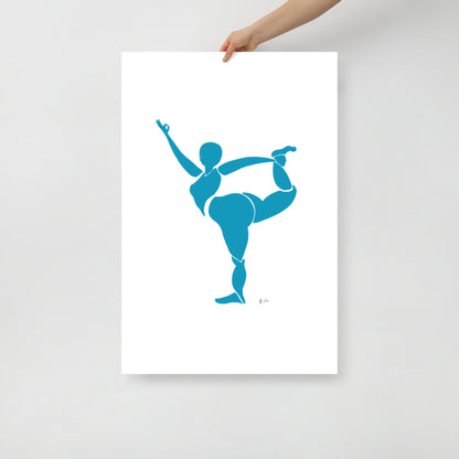 Figurative block print style painting of a woman in yoga pose, in matisse blue by Michelle Macnamara 24x36