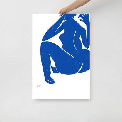 Figurative painting of a woman stretching, in matisse blue by Michelle Macnamara 24x36
