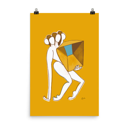 Figurative painting of a woman, holding a box in matisse yellow by Michelle Macnamara