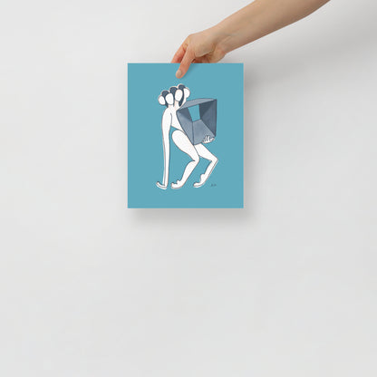 Figurative painting of a woman, holding a box in matisse blue by Michelle Macnamara