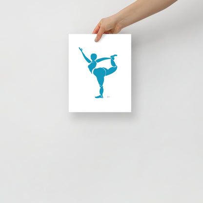 Figurative block print style painting of a woman in yoga pose, in matisse blue by Michelle Macnamara Balancing