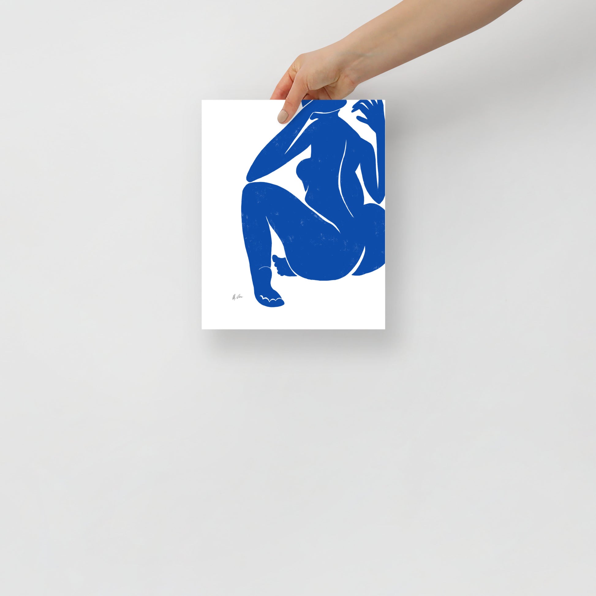 Figurative painting of a woman stretching, in matisse blue by Michelle Macnamara 8x10