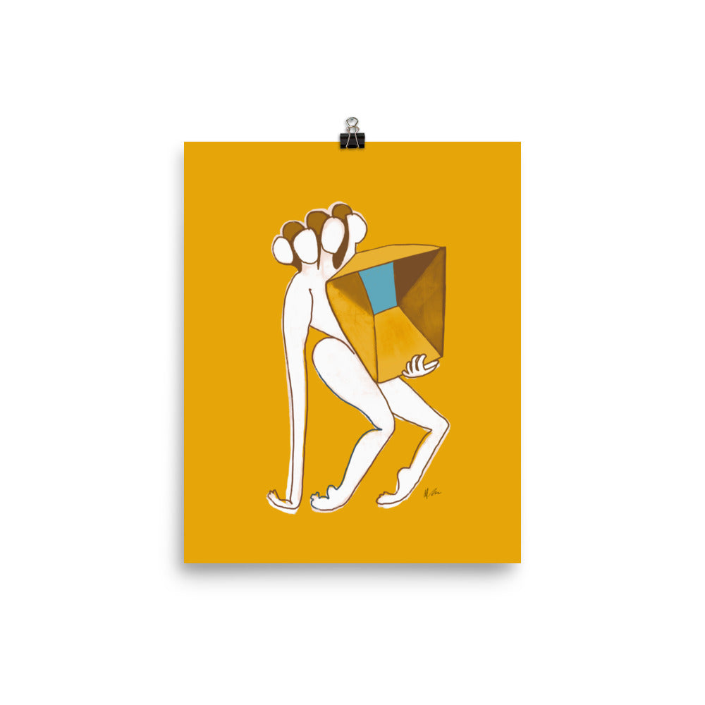 Figurative painting of a woman, holding a box in matisse yellow by Michelle Macnamara