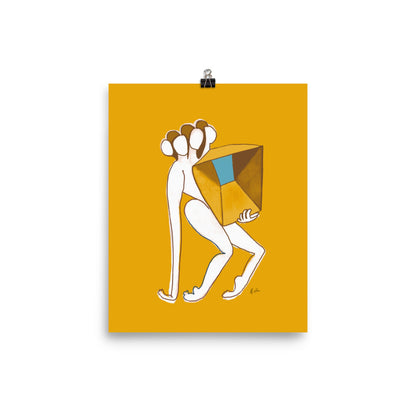 Figurative painting of a woman, holding a box in matisse yellow by Michelle Macnamara